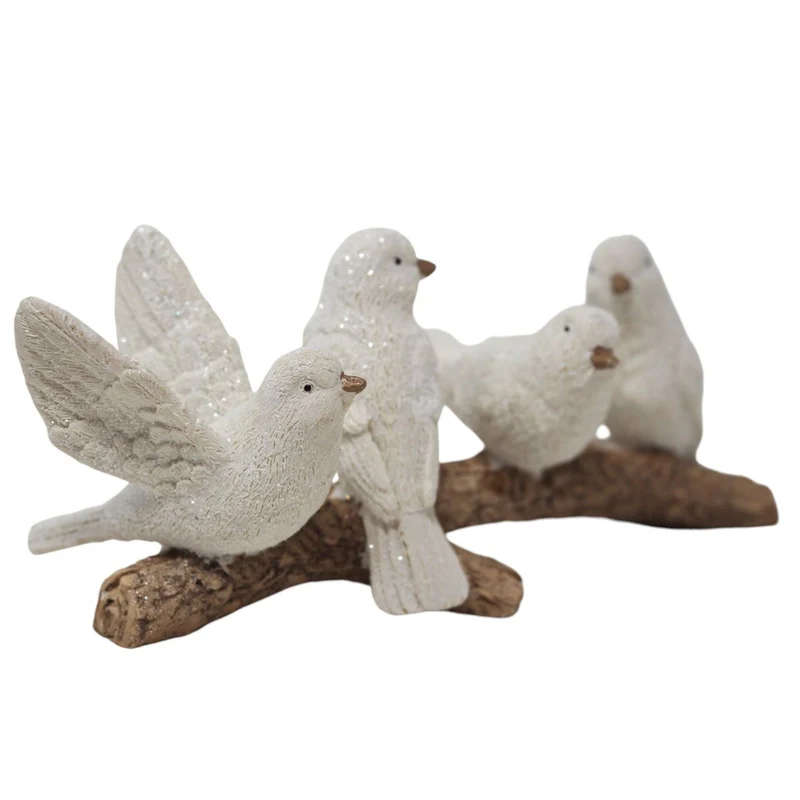 Winter Birds on Branch Figurine | 5 Birds Wildlife Christmas Ornament - 15cm