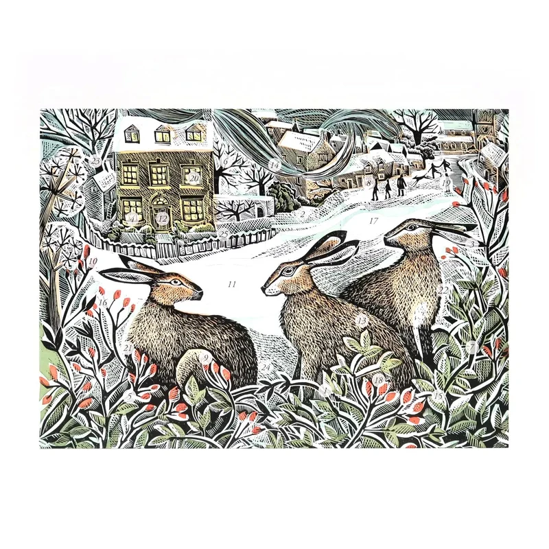 We Three Hares Advent Calendar Greetings Card | Christmas Advent Card & Envelope