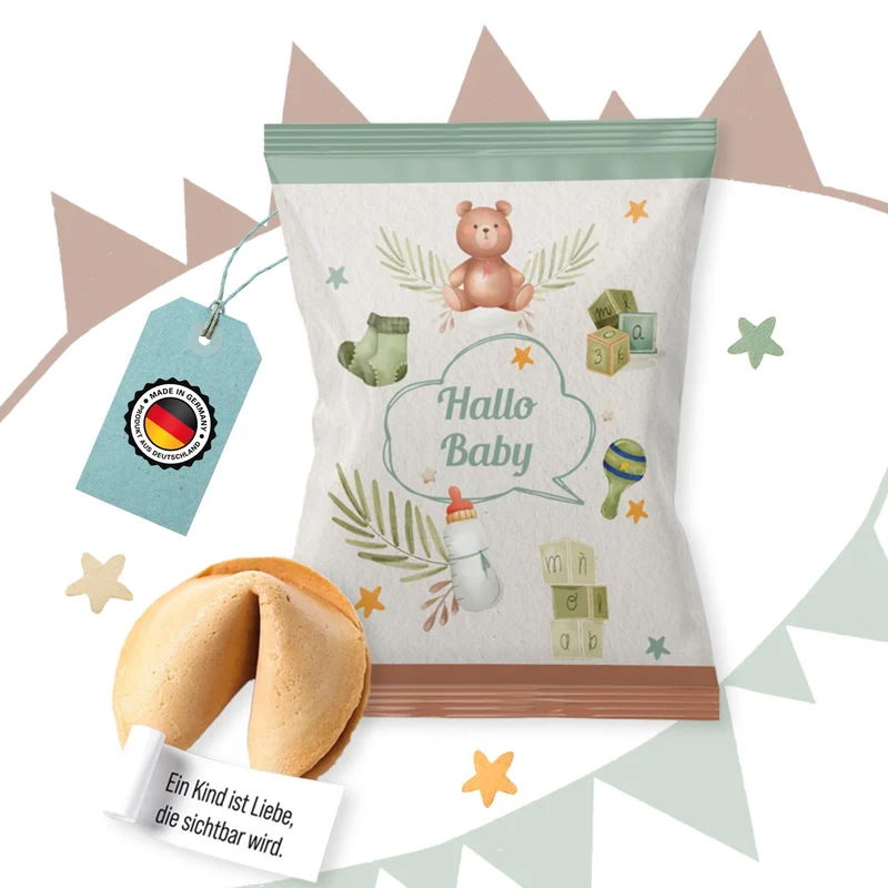 Glückskekse Babyparty 10er-Set, Hallo-Baby-Design in Pastellfarben