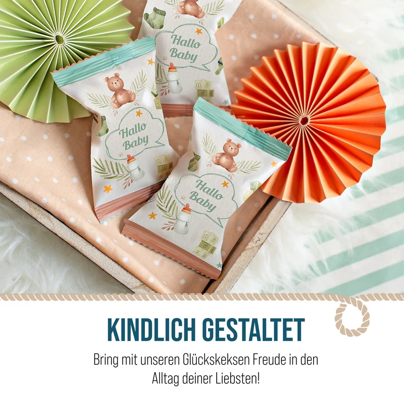 Glückskekse Babyparty 10er-Set, Hallo-Baby-Design in Pastellfarben