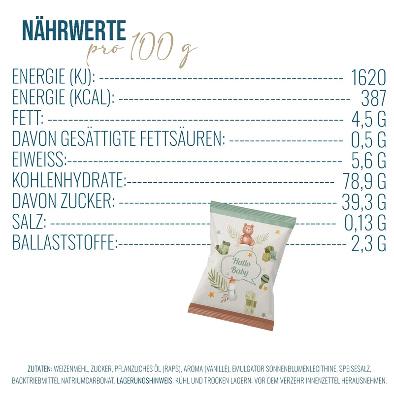 Glückskekse Babyparty 10er-Set, Hallo-Baby-Design in Pastellfarben