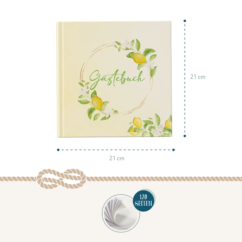 Gästebuch Zitrone Hardcover 21 × 21 cm, 120 blanko Seiten, Creme