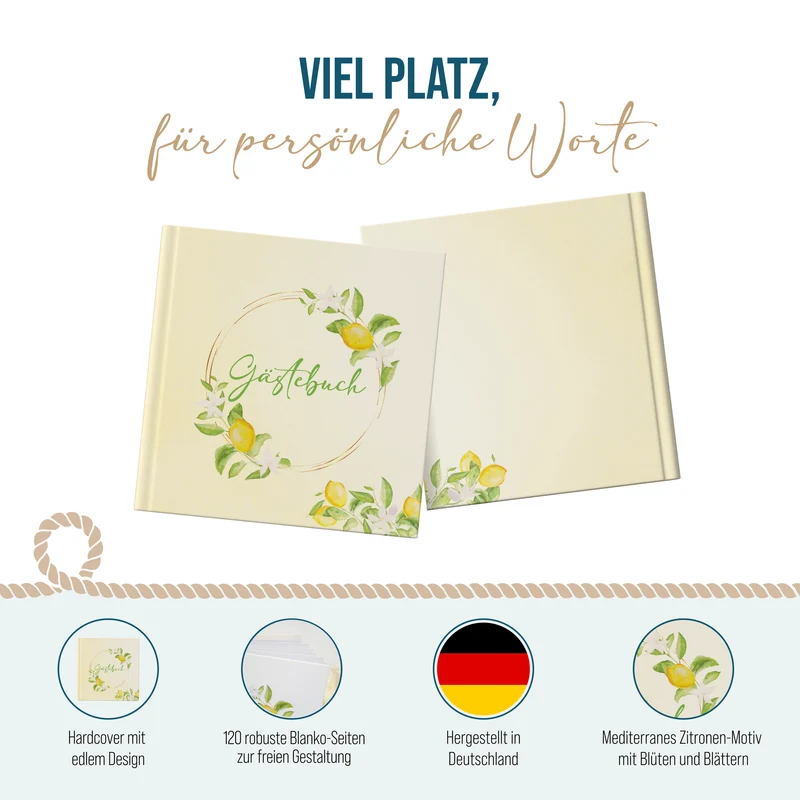 Gästebuch Zitrone Hardcover 21 × 21 cm, 120 blanko Seiten, Creme