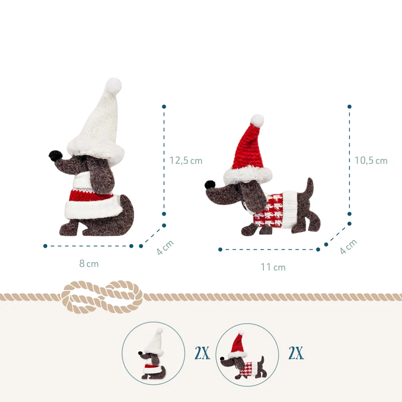 Stoff-Weihnachtshund 4er-Set H ca. 10,5-12,5 cm mit Mütze & Schal