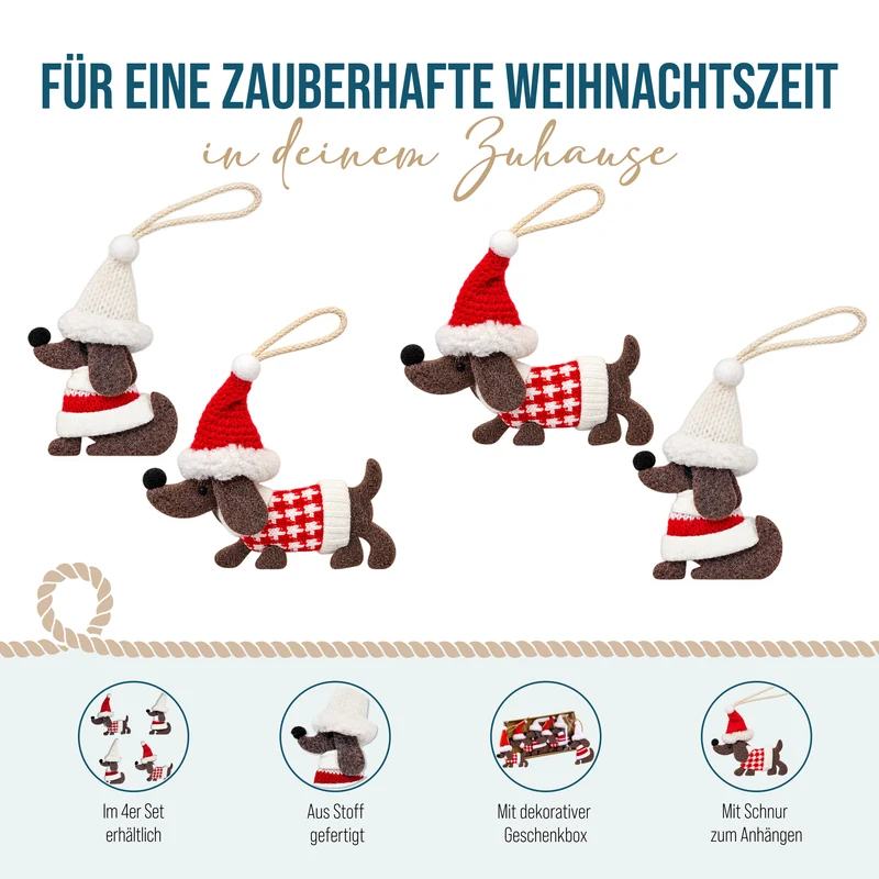 Stoff-Weihnachtshund 4er-Set H ca. 10,5-12,5 cm mit Mütze & Schal