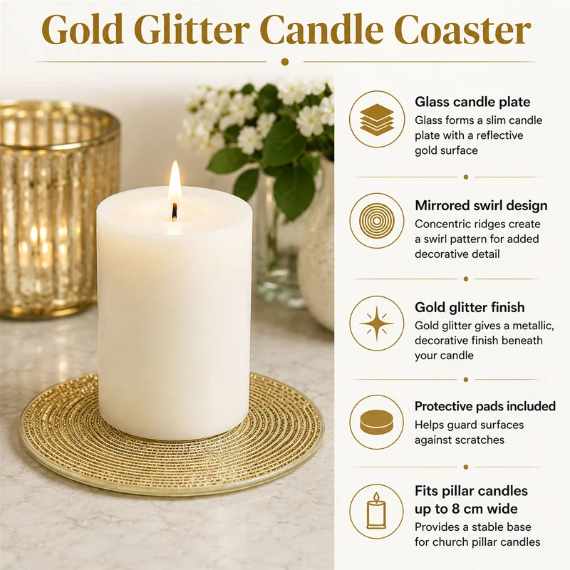 Gold Glitter Candle Coaster, 10cm Glass Candle Plate for Pillar Candles
