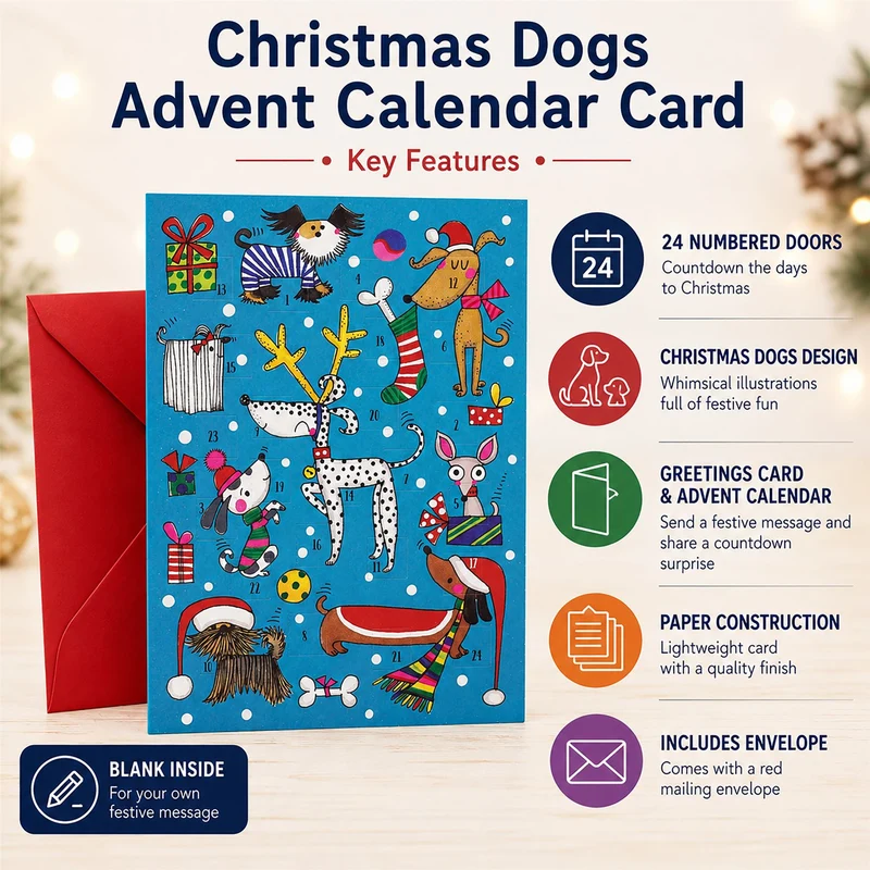 Christmas Dogs Advent Calendar Greetings Card with Envelope, 18cm 24 Door Card