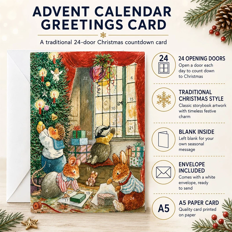 Wrapping Presents Christmas Advent Calendar Greetings Card, A5 Traditional Style