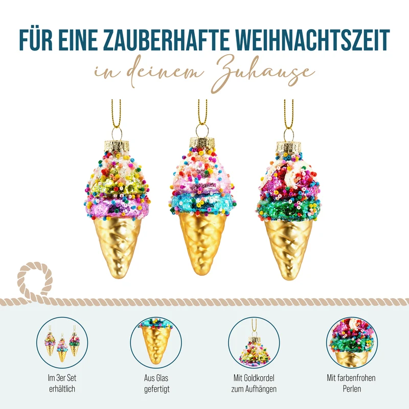 Christbaumschmuck Eistüten Glas 3er Set mit Perlenbesatz
