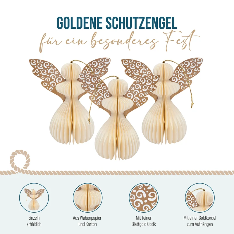 Wabenpapier Engel Cremeweiß Gold 14 × 14 cm klappbar