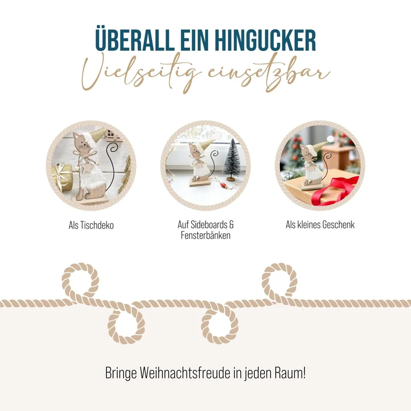 Logbuch-Verlag Weihnachtskatze Holz 20 cm – Creme-goldene Dekofigur mit Stern und Glitzerhut – Winterdeko Katze zum Hinstellen