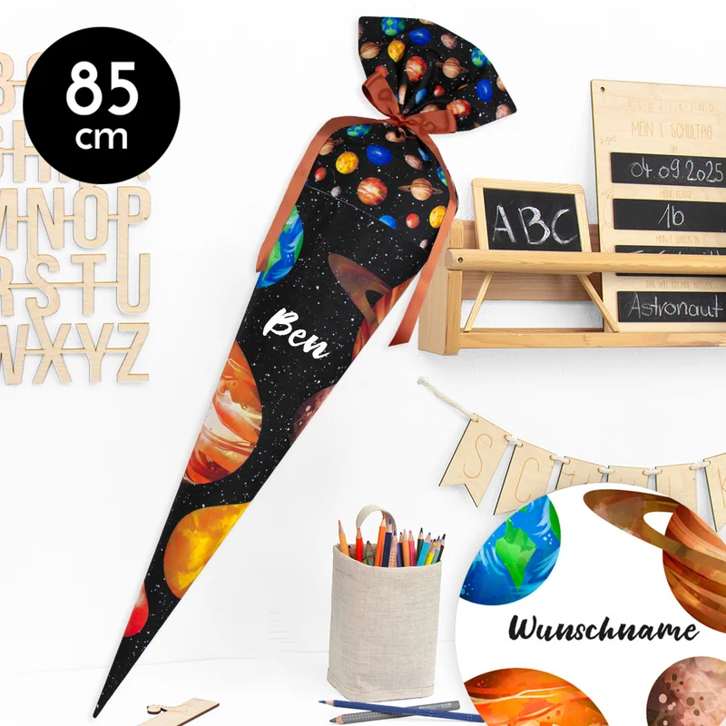 Schultüte aus Stoff mit Wunschname - Planetenspaß - 85 cm