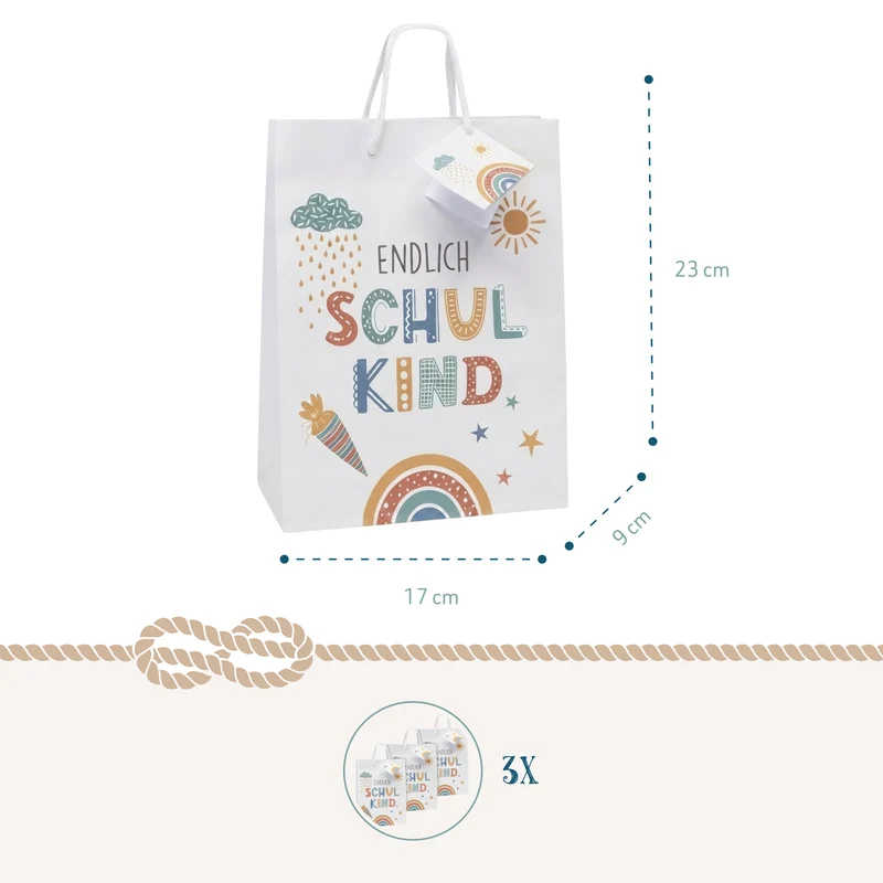Geschenktüten zur Einschulung „Endlich Schulkind“ – 3er-Set mit Anhängern