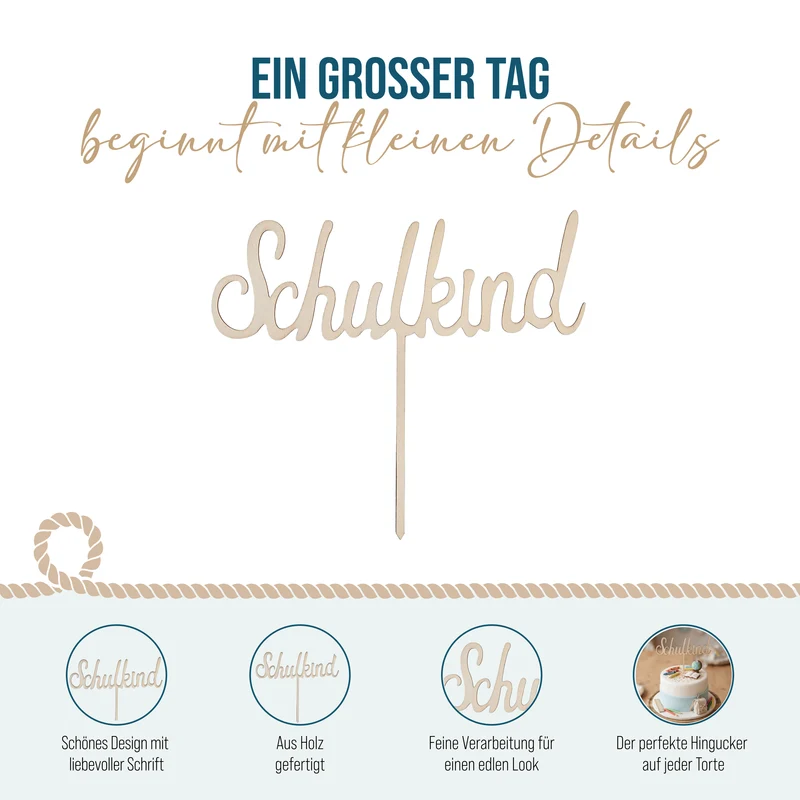 Cake Topper „Schulkind“ aus Holz – Tortendeko zur Einschulung