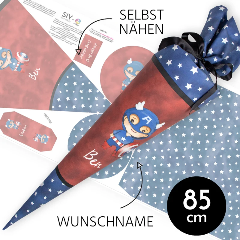 DIY Schultüte zum Selbernähen Schnittmuster auf Stoff mit Wunschname personalisierbar - Mr. Super - 85 cm
