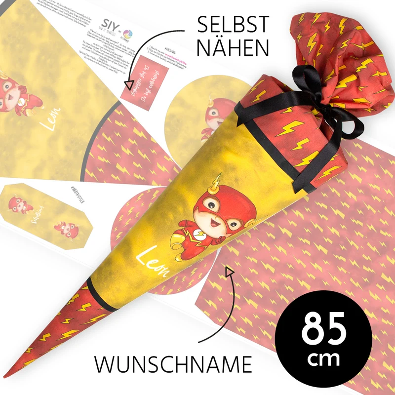 DIY Schultüte zum Selbernähen Schnittmuster auf Stoff mit Wunschname personalisierbar - Mr. Flink - 85 cm