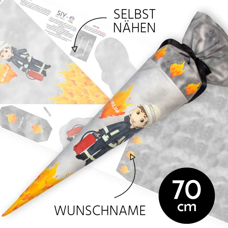 DIY Schultüte zum Selbernähen Schnittmuster auf Stoff mit Wunschname personalisierbar – Feuerwehrmann - 70 cm