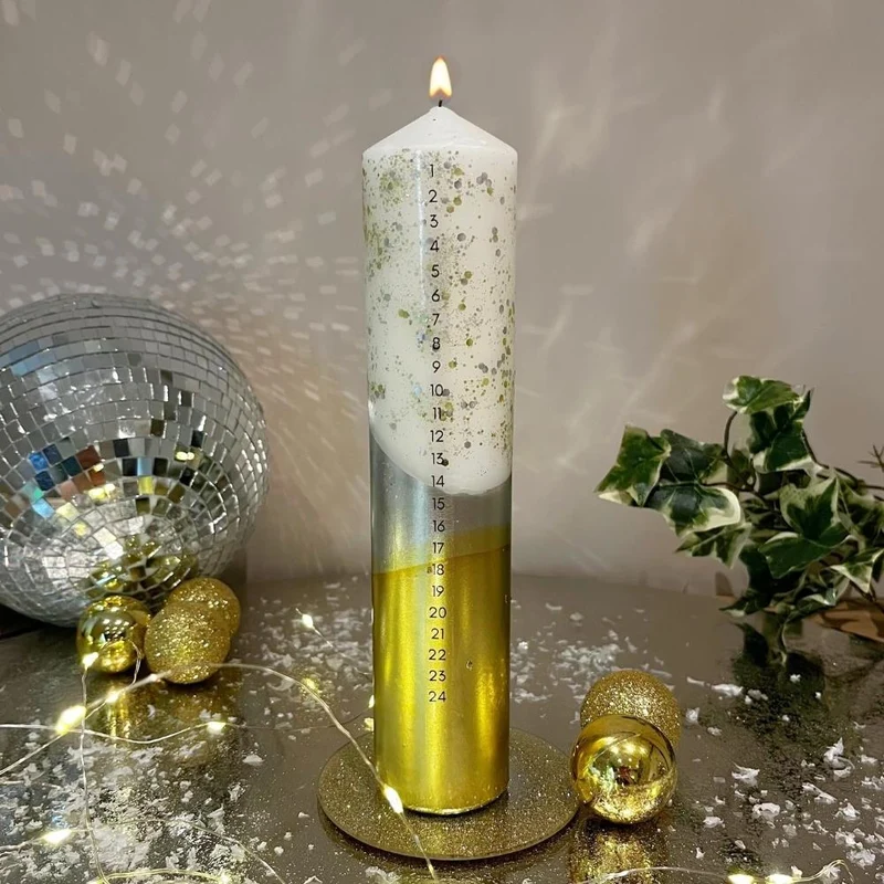 The Colour Emporium Gilded Silver Hand-dipped Christmas Advent Pillar Candle