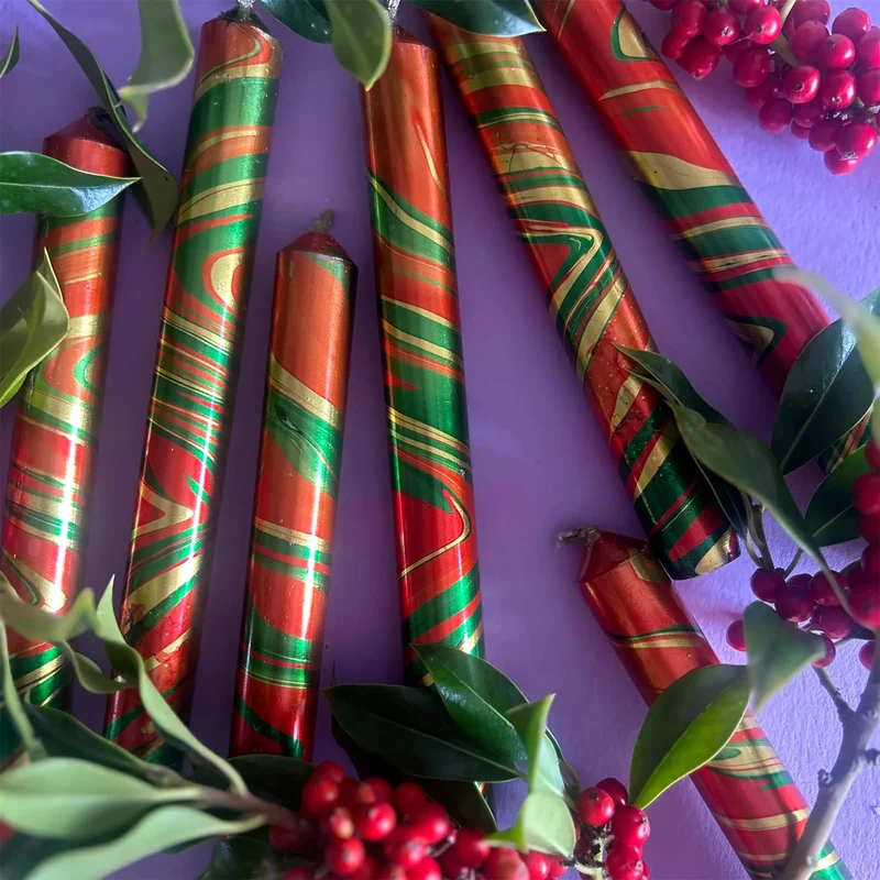The Colour Emporium Set of 3 Metallic Hand-dipped Marbled Christmas Candles