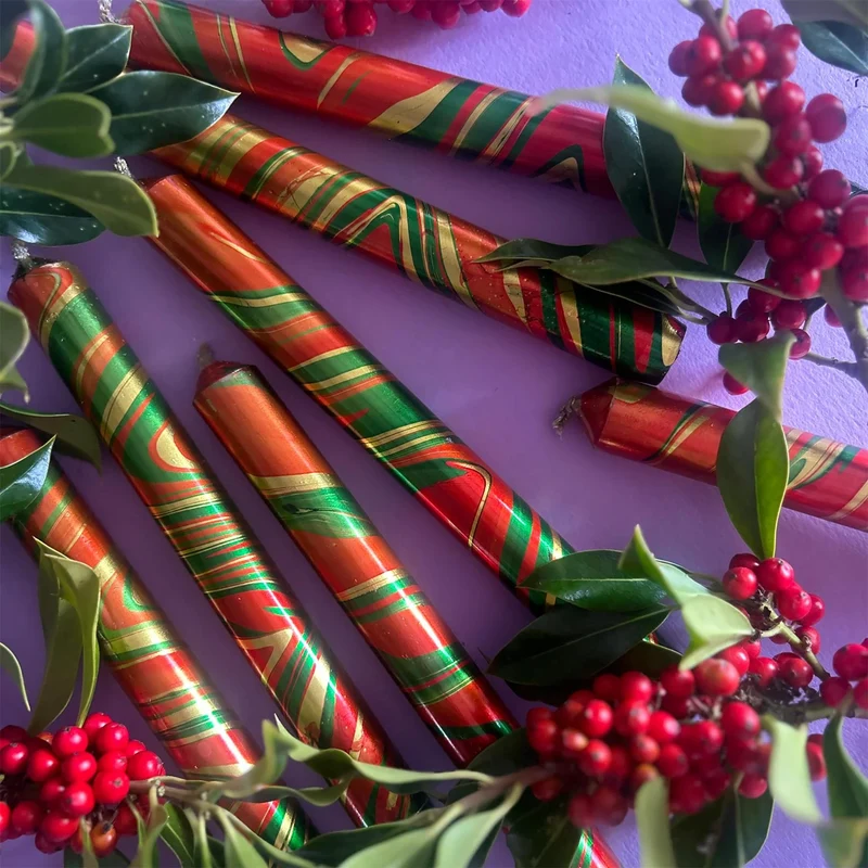 The Colour Emporium Set of 3 Metallic Hand-dipped Marbled Christmas Candles