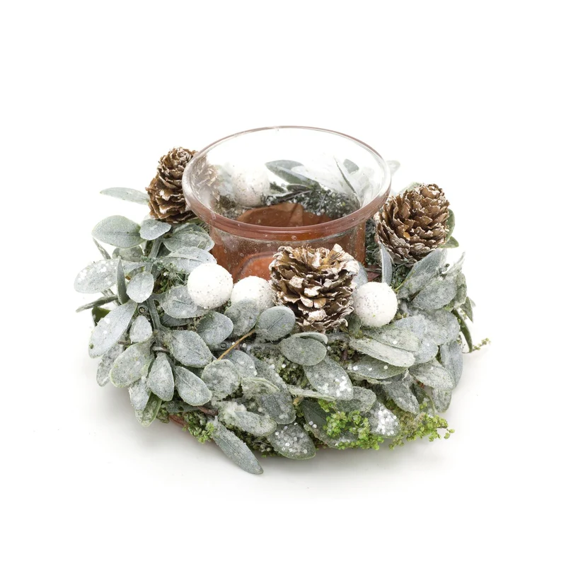 13cm Traditional Christmas Mistletoe Tealight Candle Holder | Christmas Wreath Tea Light Holder | Christmas Candle Centerpiece
