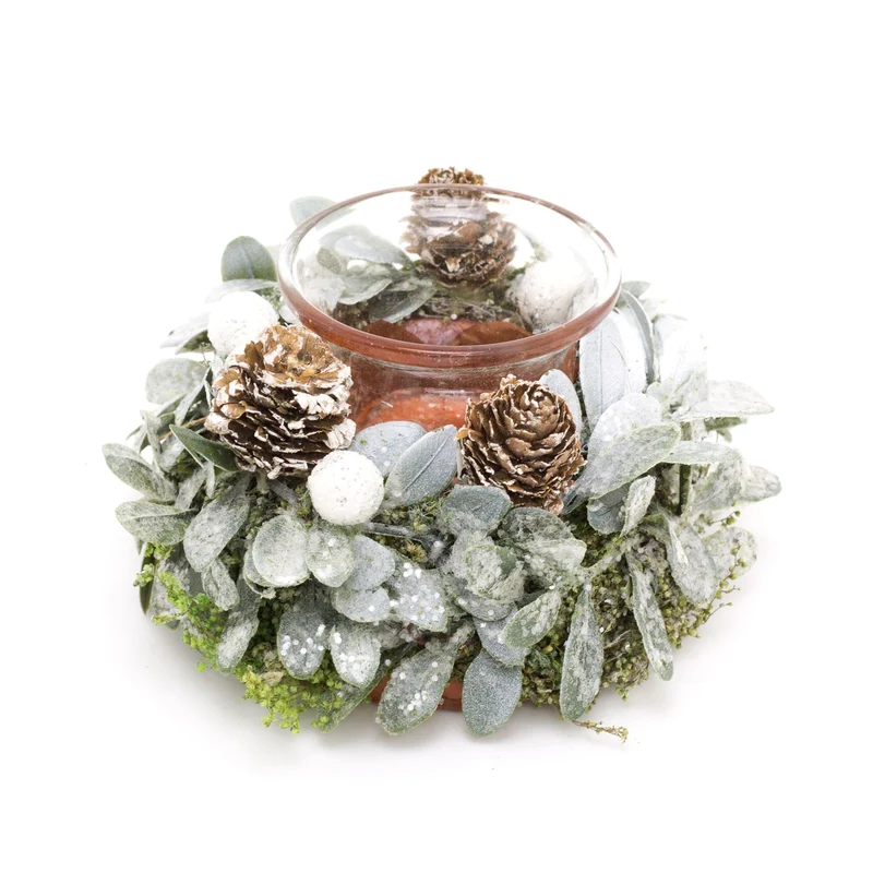 13cm Traditional Christmas Mistletoe Tealight Candle Holder | Christmas Wreath Tea Light Holder | Christmas Candle Centerpiece