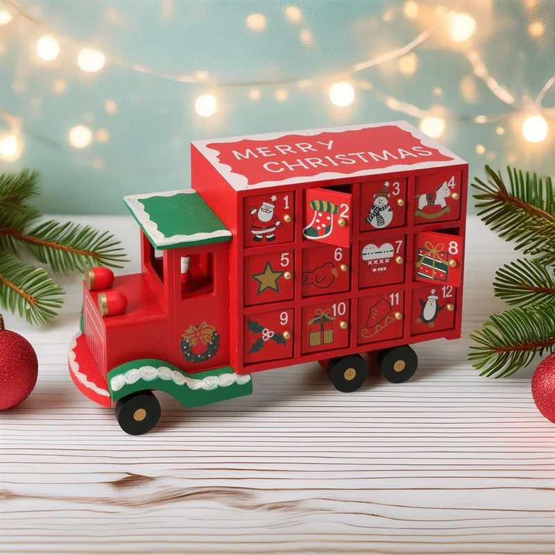 Wooden Christmas Truck Advent Calendar | Festive Red Truck with 24 Drawers 29cm