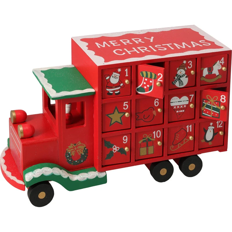 Wooden Christmas Truck Advent Calendar | Festive Red Truck with 24 Drawers 29cm