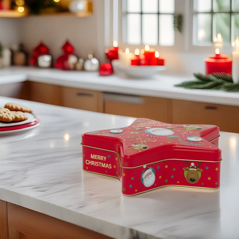 Red Star Christmas Tin Storage Boxes | Cookie Biscuit Tin Star Gift Box 19cm