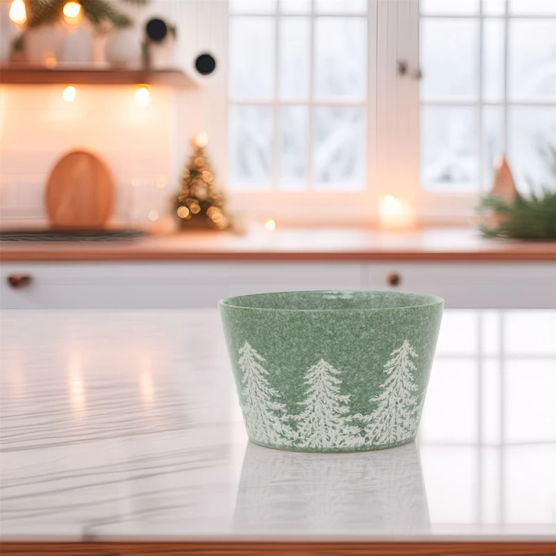 Green Embossed Christmas Tree Bowl | Festive Reactive Glaze Stoneware Bowl
