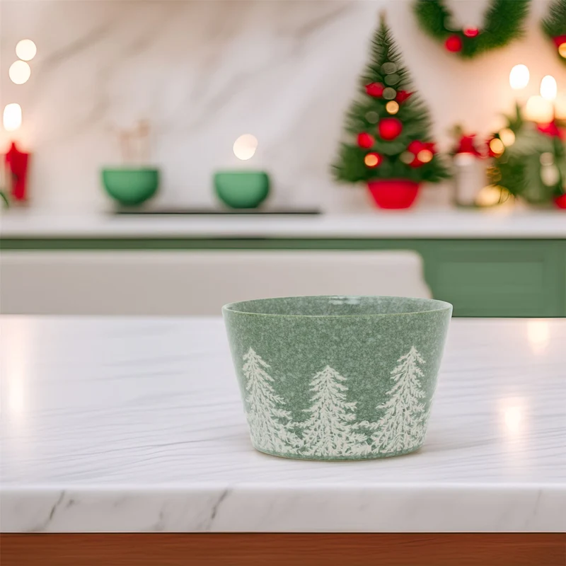 Green Embossed Christmas Tree Bowl | Festive Reactive Glaze Stoneware Bowl