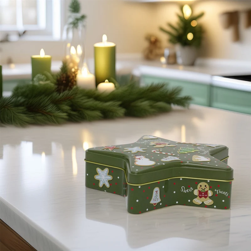 Green Star Christmas Tin Storage Boxes | Cookie Biscuit Tin Star Gift Box 19cm