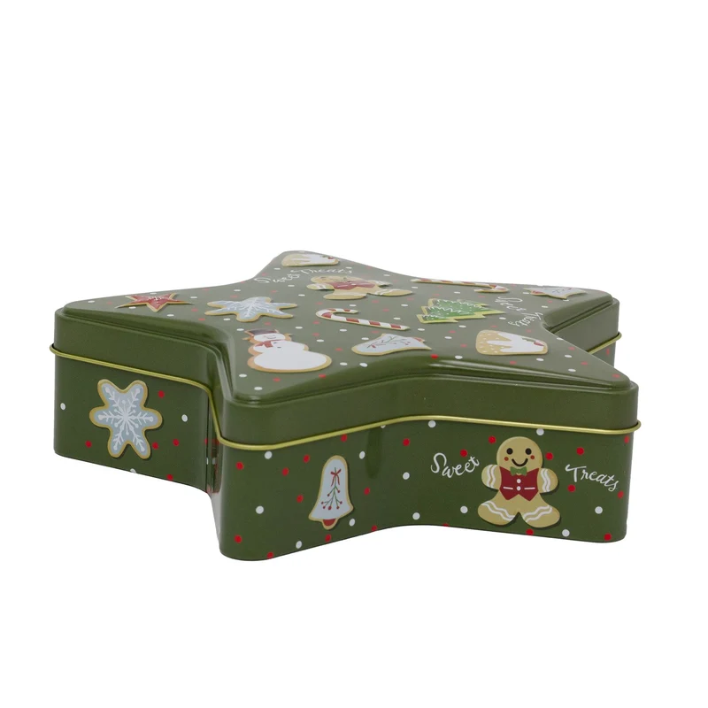 Green Star Christmas Tin Storage Boxes | Cookie Biscuit Tin Star Gift Box 19cm
