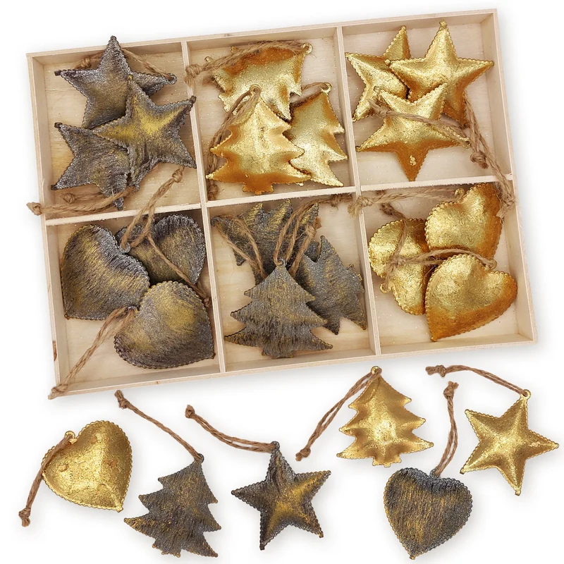 18 Metall Weihnachtsanhänger Vintage Gold 5 cm Weihnachtsdekoration zum Aufhängen