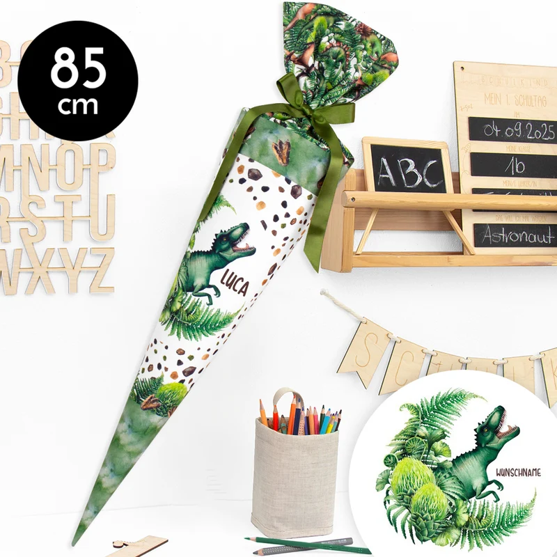Schultüte aus Stoff mit Wunschname - Dinodschungel - 85 cm