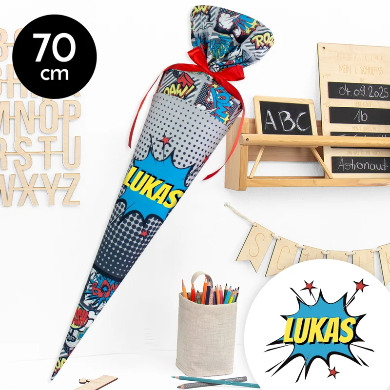Schultüte aus Stoff mit Wunschname - Comic - 70 cm