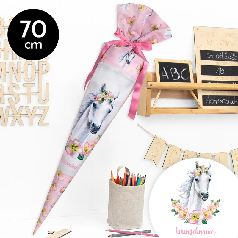 Schultüte aus Stoff mit Wunschname - Blumenpferd - 70 cm