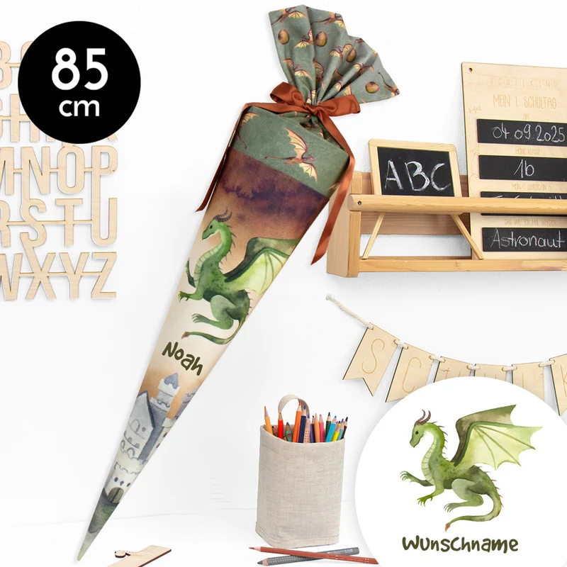 Schultüte aus Stoff mit Wunschname - Königreich der Drachen - 85 cm