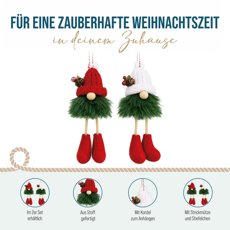Stoff-Wichtel 2er-Set H ca. 18 cm hängend mit Zipfelmütze & Baumelbeinen