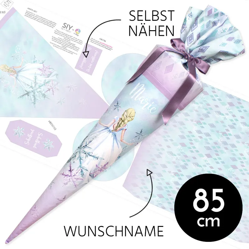 DIY Schultüte zum Selbernähen Schnittmuster auf Stoff mit Wunschname personalisierbar - Eisprinzessin - 85 cm