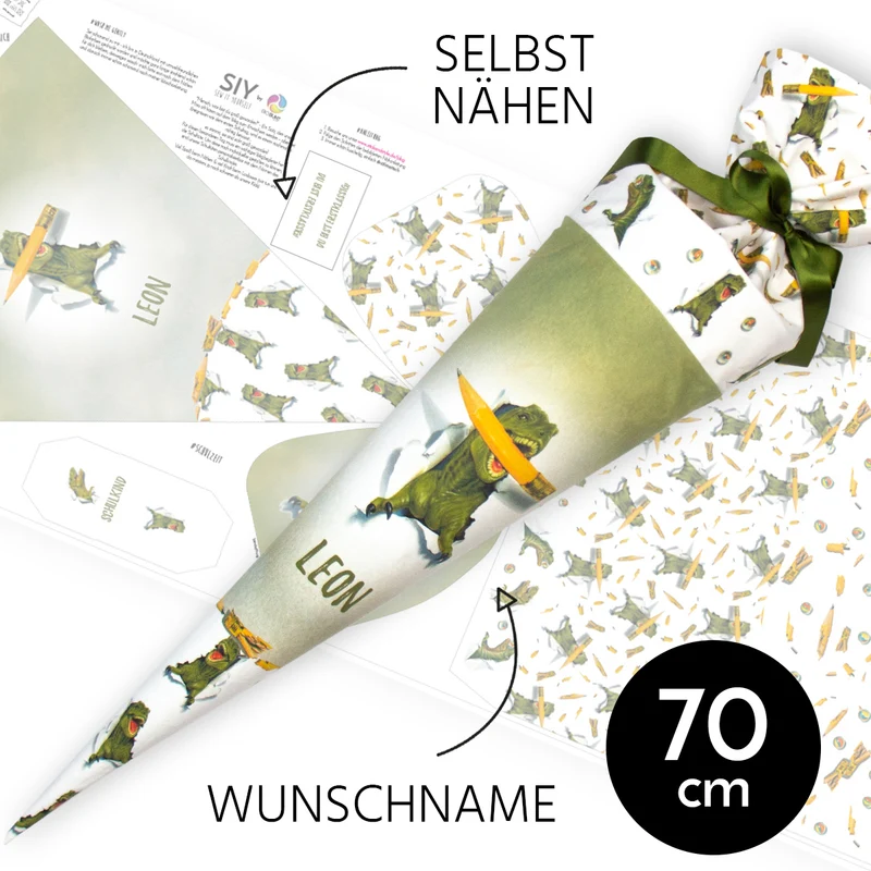 DIY Schultüte zum Selbernähen Schnittmuster auf Stoff mit Wunschname personalisierbar – Dinostark - 70 cm