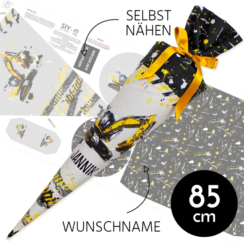 DIY Schultüte zum Selbernähen Schnittmuster auf Stoff mit Wunschname personalisierbar – Bagger - 85 cm