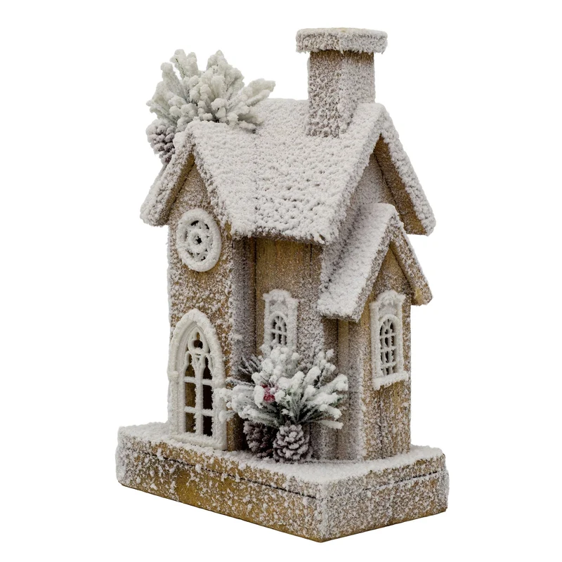Natural Flocked LED Wooden Christmas House | Rustic Festive Snowy House - 32cm