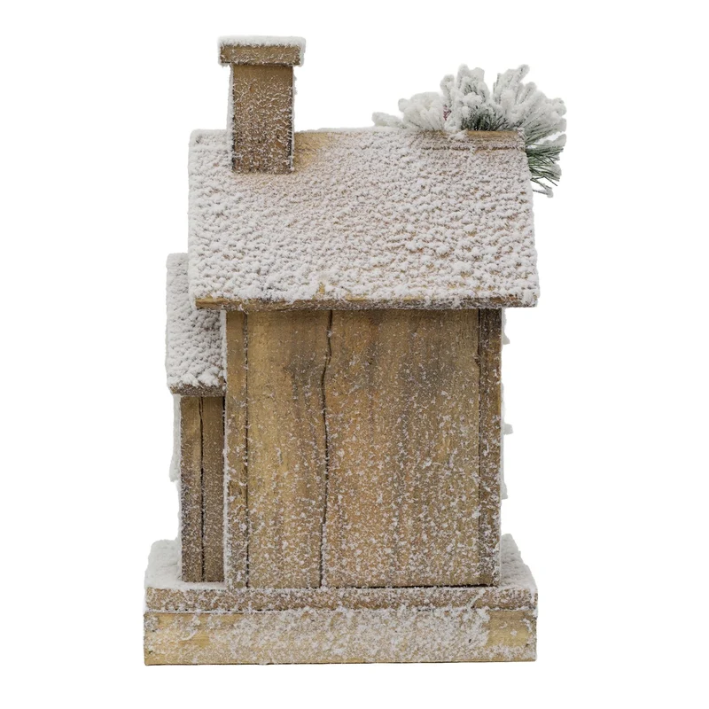 Natural Flocked LED Wooden Christmas House | Rustic Festive Snowy House - 32cm