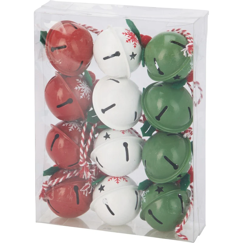 Pack of 12 Small Festive Jingle Bell Baubles | Christmas Tree Ornaments - 4cm