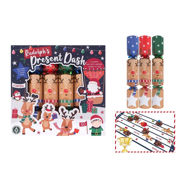 Rudolphs Present Dash Christmas Crackers 6 Family Game Crackers Racing Reindeer