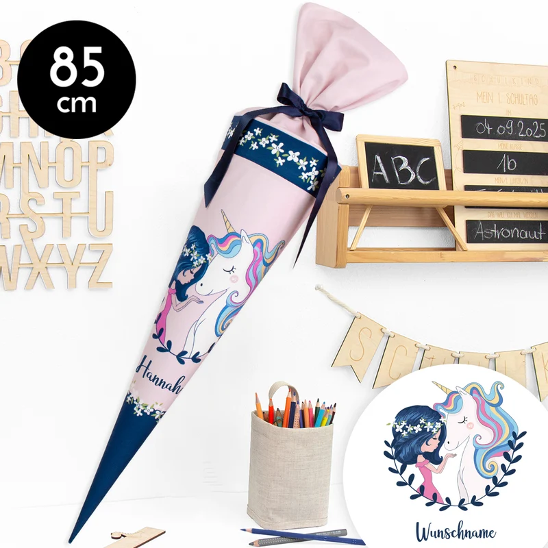 Schultüte aus Stoff mit Wunschname - Einhornfreundin - 85 cm