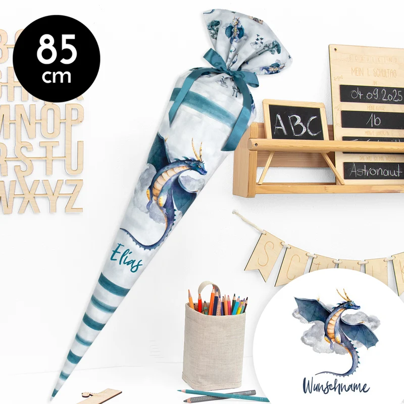 Schultüte aus Stoff mit Wunschname - Drago Drache - 85 cm
