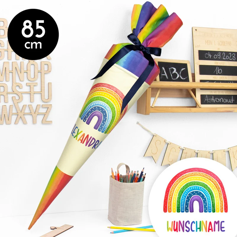 Schultüte aus Stoff mit Wunschname - Bunter Regenbogen - 85 cm