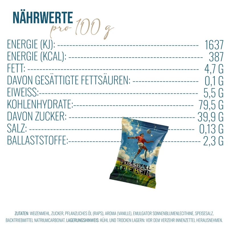 Glückskekse Fußball 25er Set – vegane Glückskekse mit Vanille-Zitronen-Geschmack, Fußballsprüche & Team-Facts